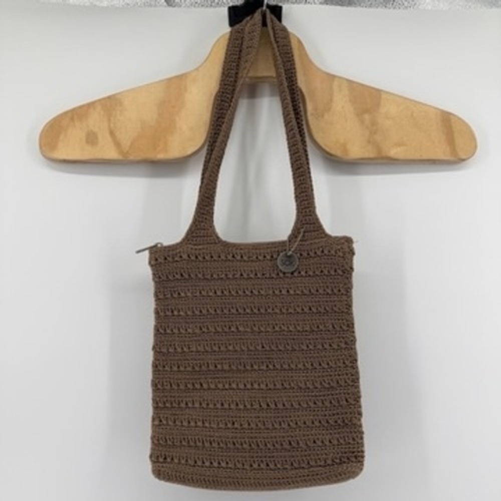 The Sak Brown Crochet Shoulder Bag Zipper Tote Textured Knit Boho Handbag